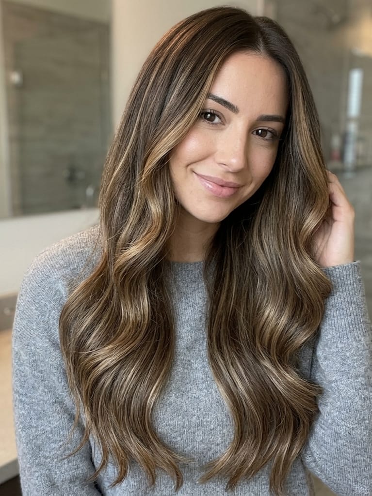 Customer photo review of 100% Brazilian Virgin Hair Tape In Hair Extensions Balayage Dark Brown #DU