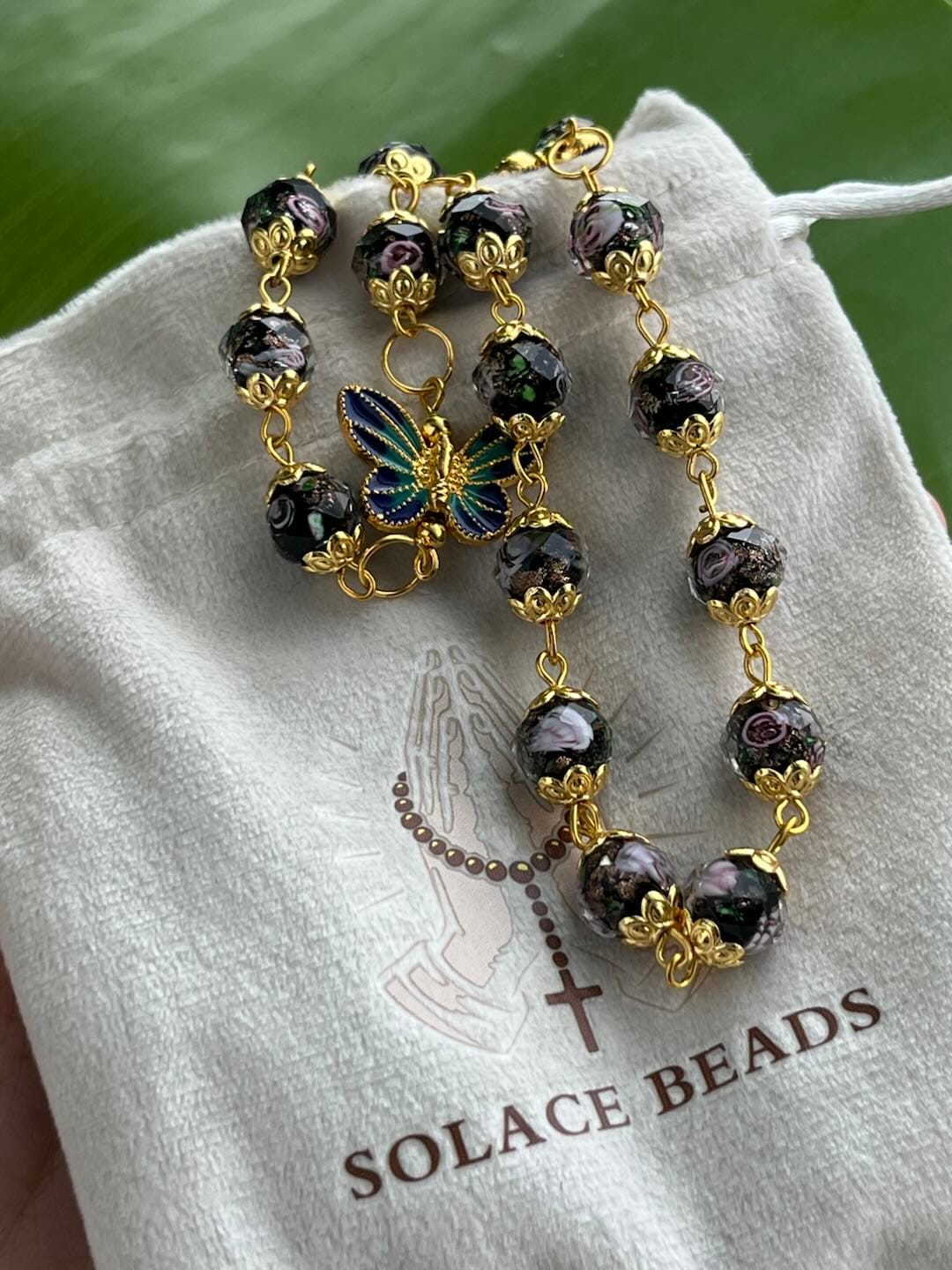 Customer photo review of SolaceBeads Black Lampwork Floral Beads Rosary--The Radiant Grace Rosary: Hand-Blown Solace