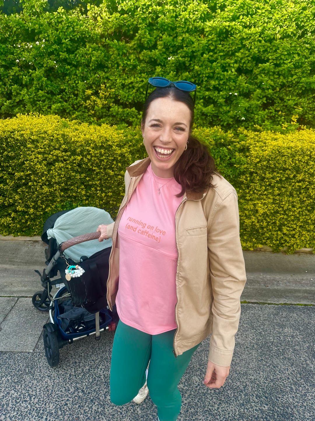 Customer photo review of Pink Breastfeeding Tee with Hidden Zip – "Running on Love (and caffeine)"