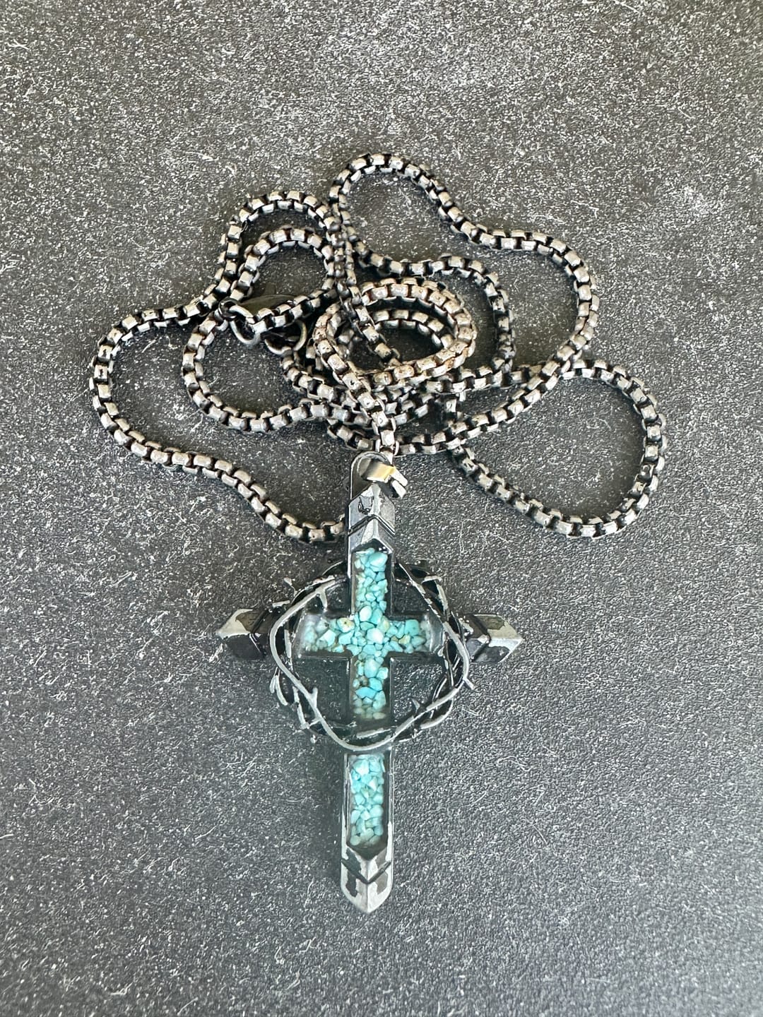 Customer photo review of Christianartworkshop Thorn-Wrapped Inlaid Cross Pendant Necklace: A Symbol of Christ’s Sacrificial Love