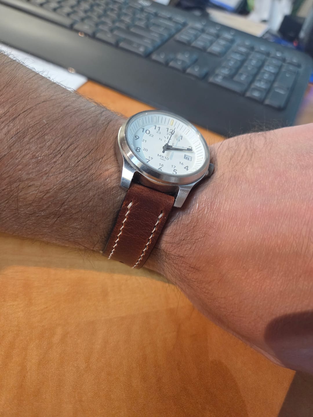 Customer photo review of Horween English Tan Dublin Leather Watch Strap, Natural Thread
