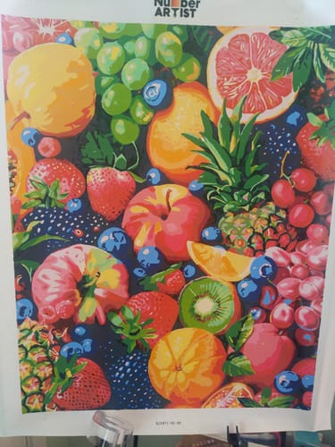 Reviewer's completed Fruit Rhapsody paint-by-numbers kit, showing a vibrant painting of assorted fruits.