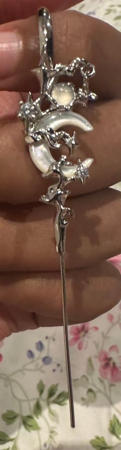 Customer photo review of "MYTH OF THE MOON" 925 Sterling Silver Statement Celestial Moon Dangle Needle Piercing Earring