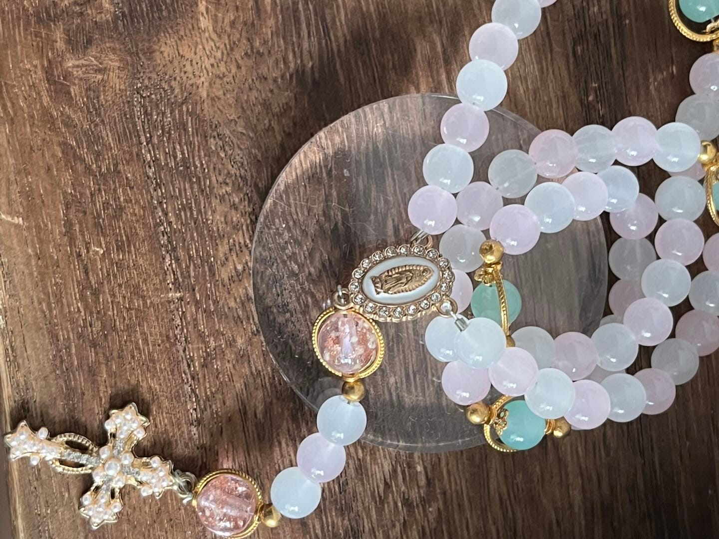 Customer photo review of SolaceBeads Artistic Pink & White Beaded Rosary: A Fusion of Colors & Sacred Symbols