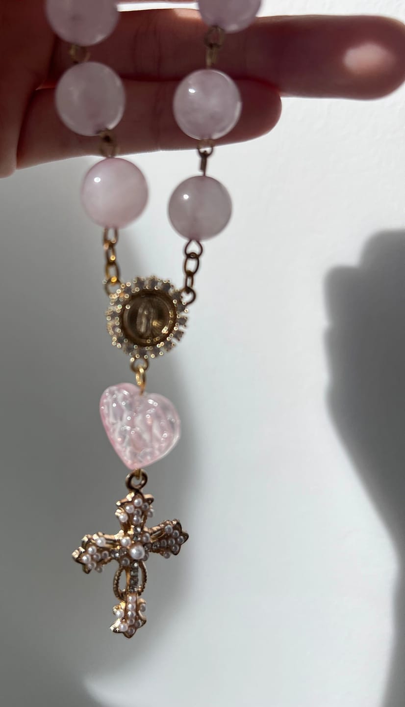 Customer photo review of SolaceBeads Artisan Rose Quartz Pocket Rosary: Soft Pink Beads with Sacred Cross & Marian Accents