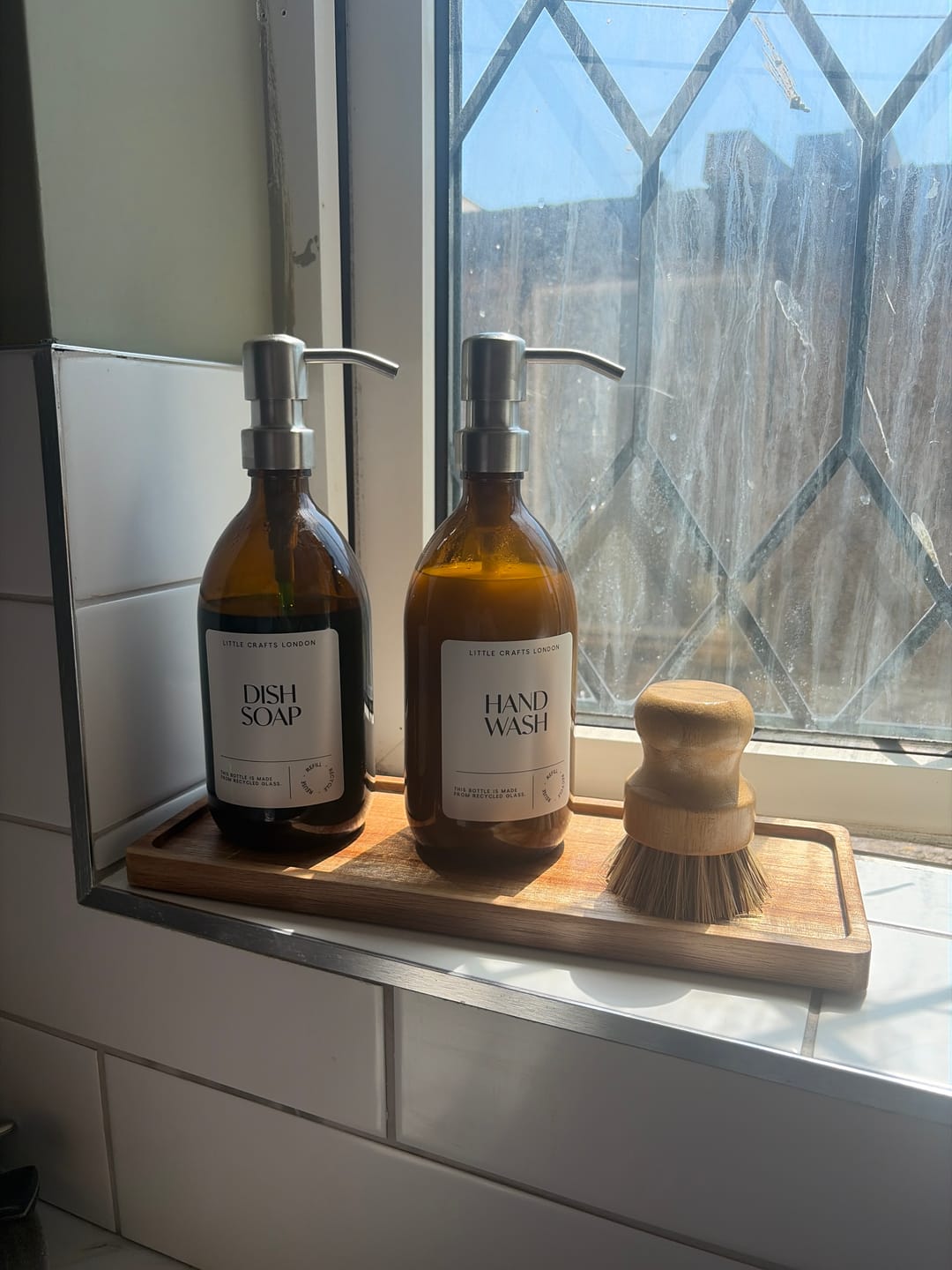 Customer photo review of Set of 2 Amber Glass Bottles 500 ML Long tray & Dish Brush