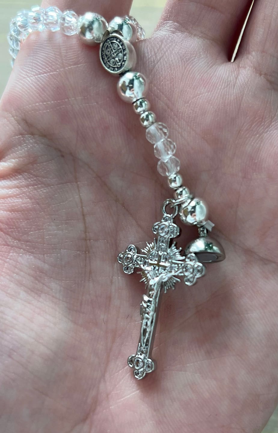 Customer photo review of SolaceBeads Clear Crystal Rosary Bracelet With Rhinestone Studded Cross: Sparkling Devotion
