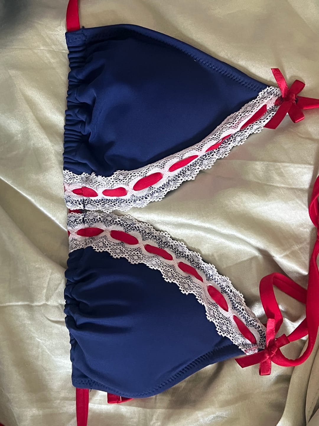 Customer photo review of Seamolly  Lace Bowknot Triangle Top & Cheeky Brazilian Bottom Bikini Set for 4th of July
