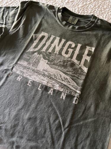Customer's olive green Dingle Ireland Vintage Print T-Shirt laid flat.