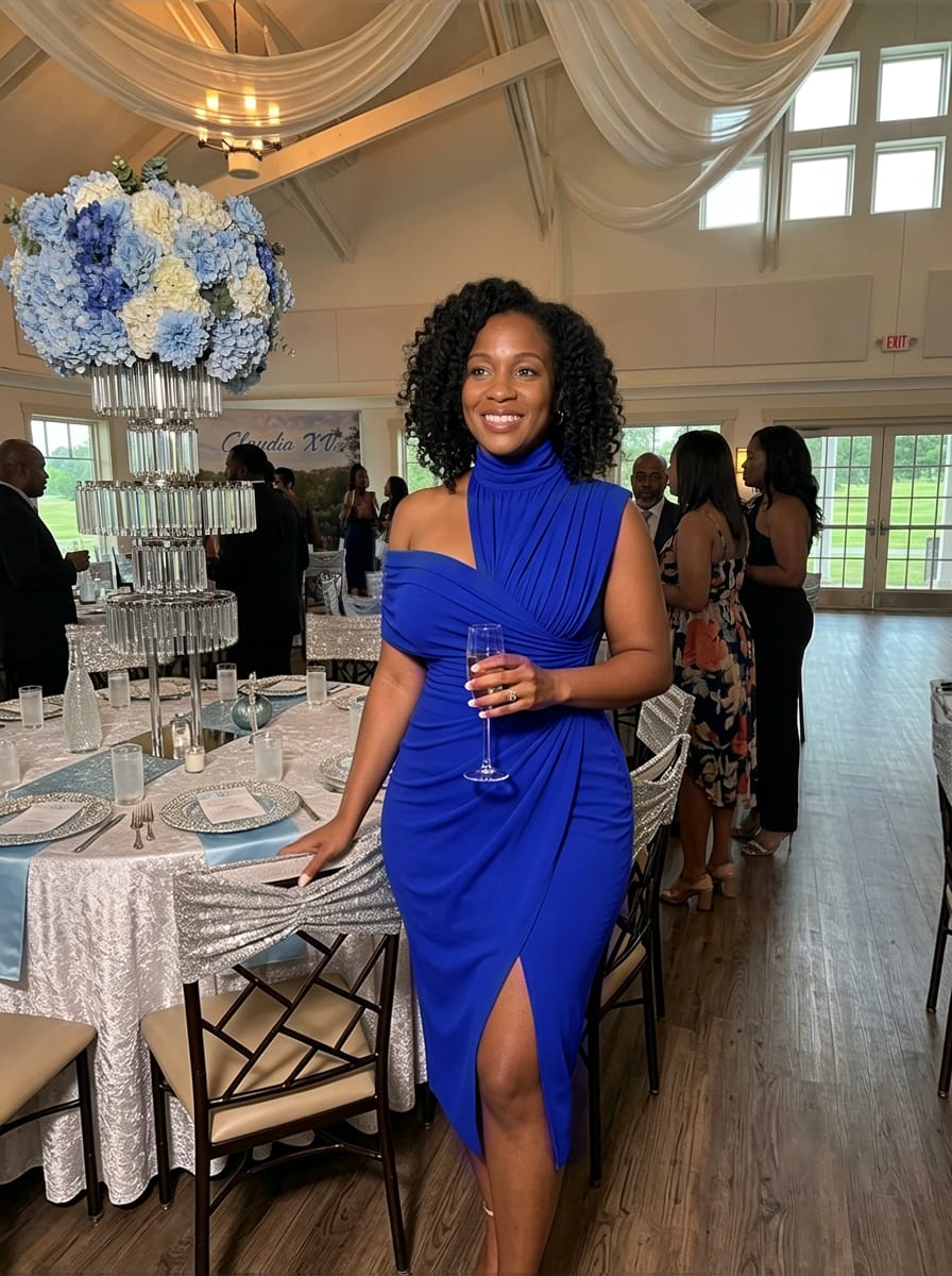 Customer photo review of Solid color One-shoulder Draped Asymmetrical Midi Dress