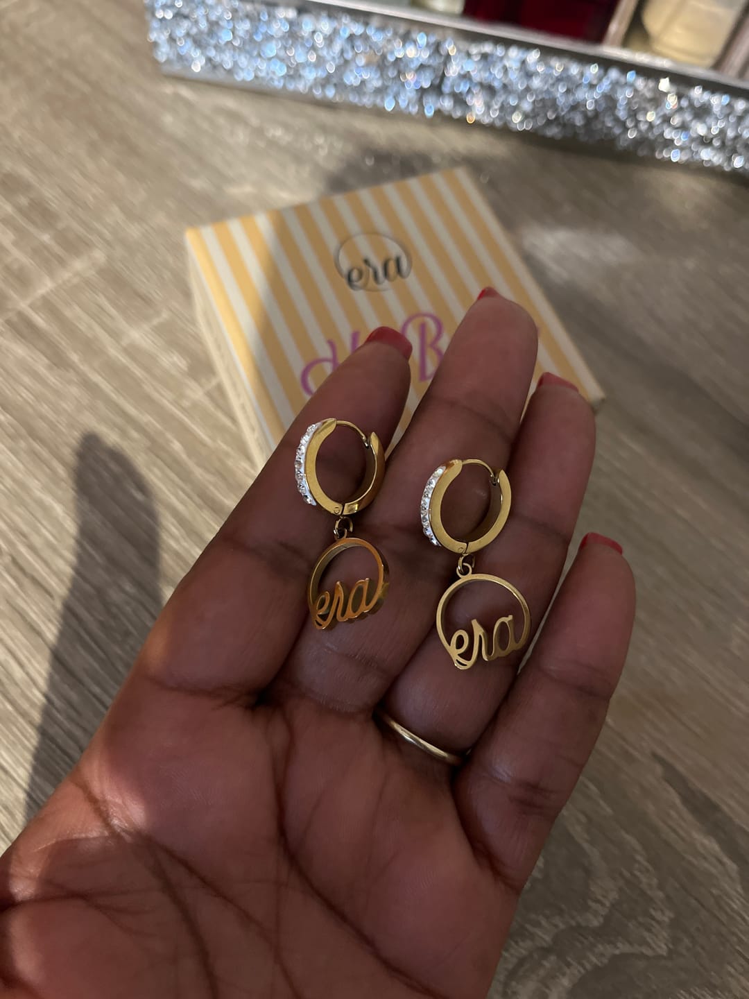 Customer photo review of Gold Precious Logo Earrings