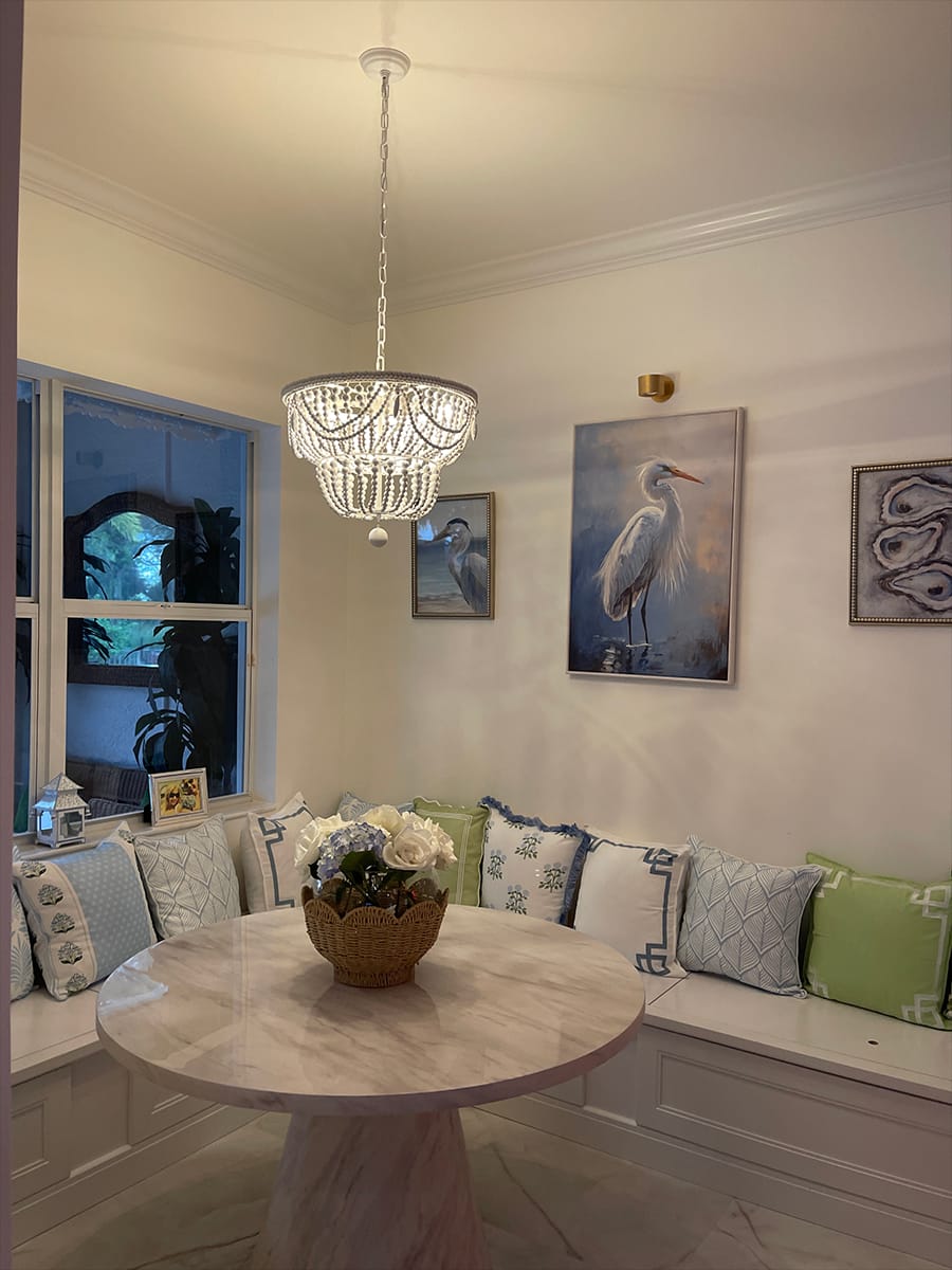 Customer photo review of Boho Glam 4-Light Tiered Distressed White Wood Bead Chandelier