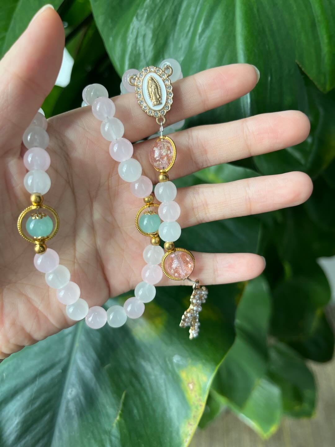 Customer photo review of SolaceBeads Artistic Pink & White Beaded Rosary: A Fusion of Colors & Sacred Symbols