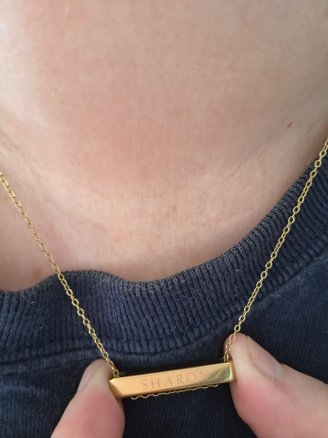 Customer photo review of 3cm Letter Bar Necklace in Gold Horizontal