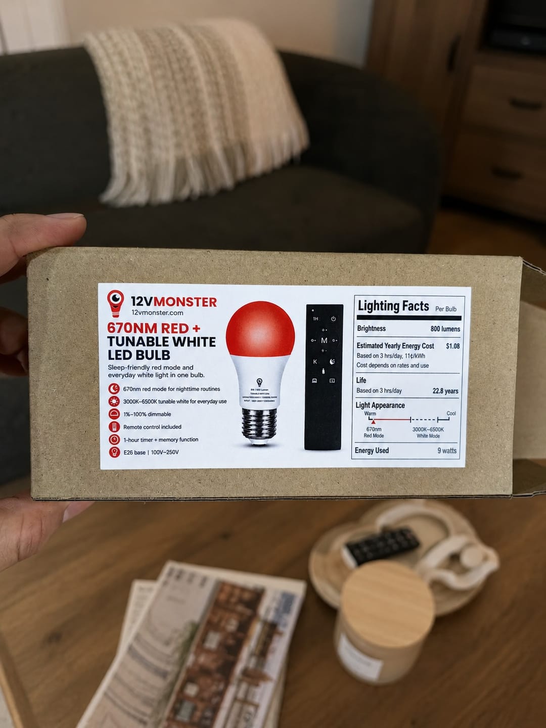 Customer photo review of Dual Use Red & White LED Bulb – Remote Controlled A19 E26 Dimmable Sleep Lighting 670nm No Blue Light