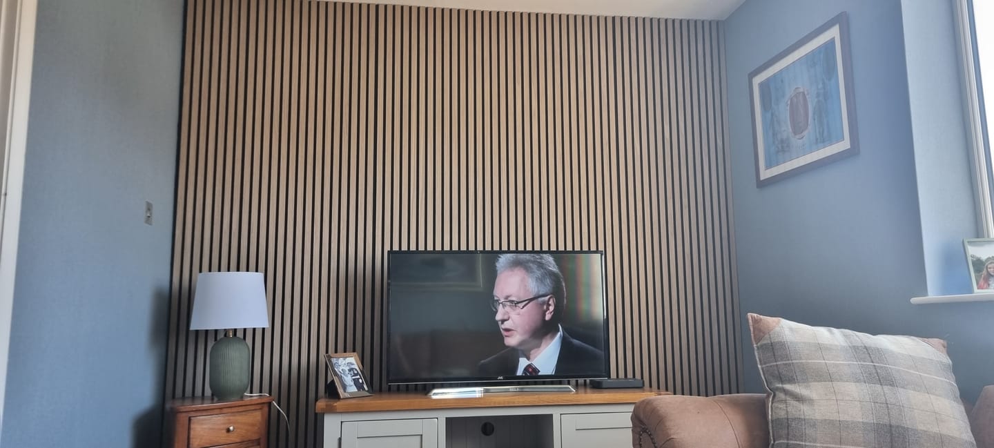 Customer photo review of Acoustic Slat Wall Panels Wooden Decorative Wall Panels Grey Oak Premium 2.4m x 0.6m