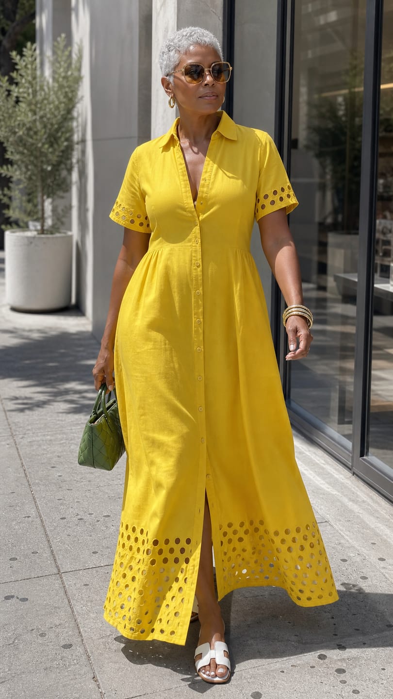 Customer photo review of High Waisted Loose Buttoned Elasticity Hollow Pockets Solid Color Split-Front Lapel Maxi Dresses