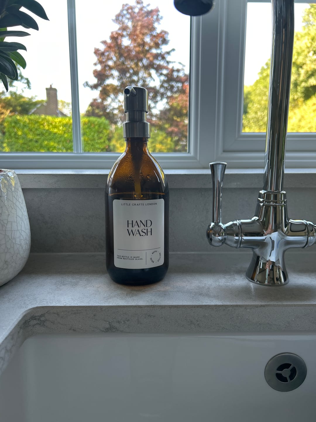 Customer photo review of 500ml Amber Glass Bottle with Metal Pump White Label
