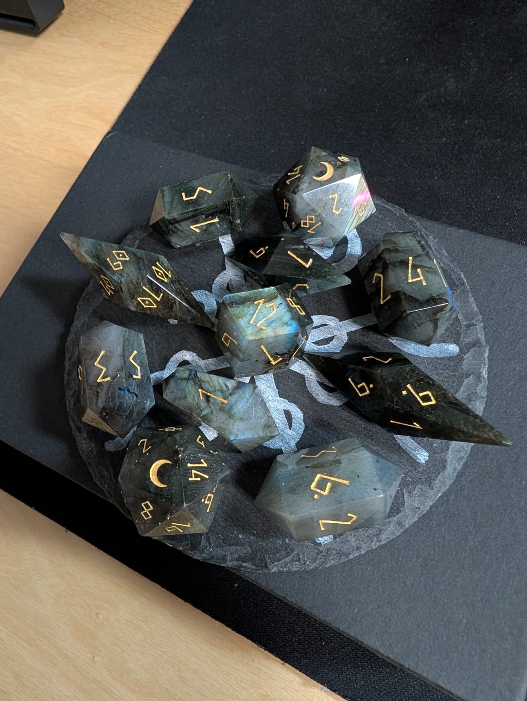 Customer photo review of URWizards D&D Labradorite Gemstone Dice Set Crystal Shape