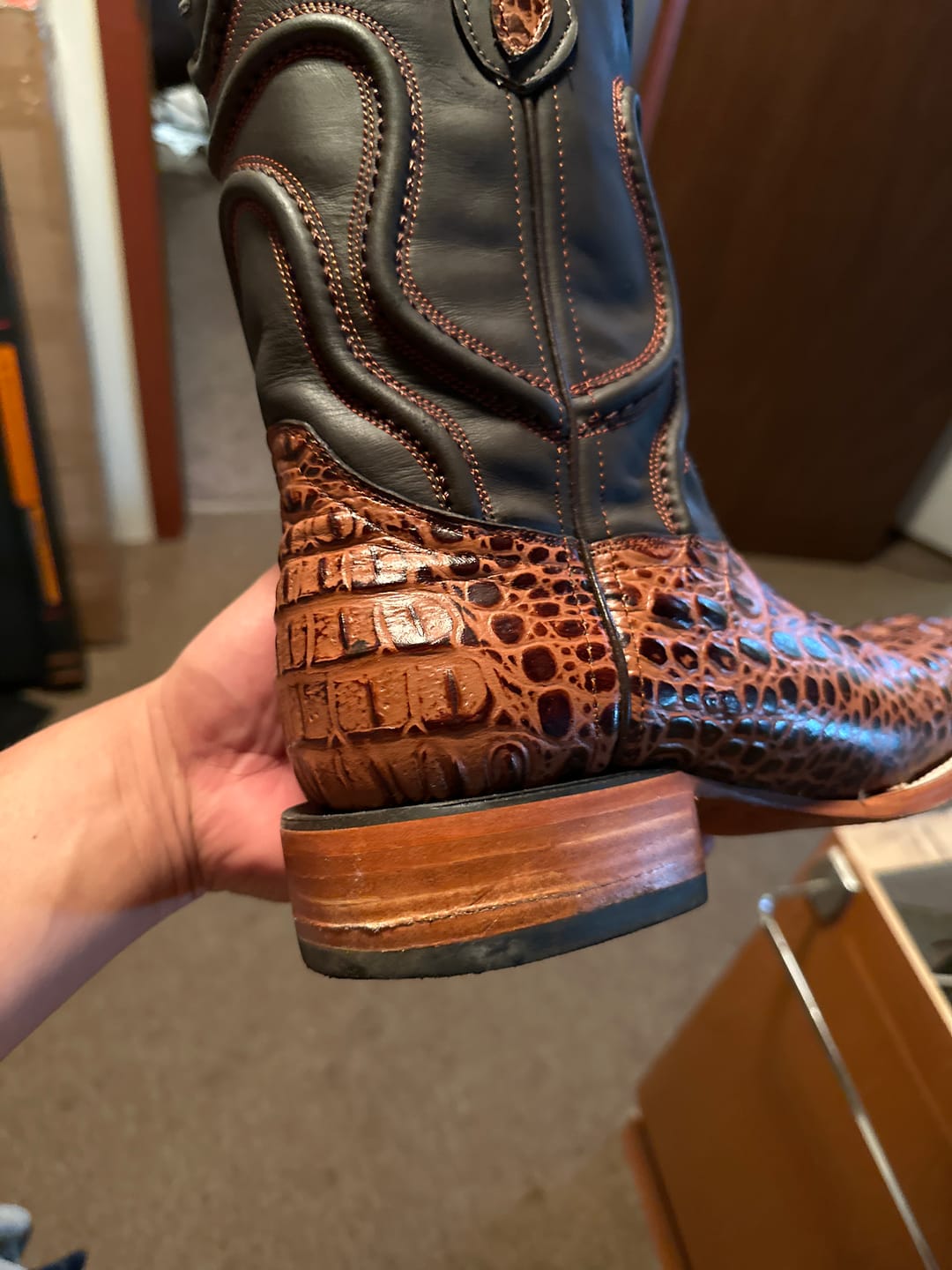 Customer photo review of Cognac Caiman Neck Leather Boots - Square Toe