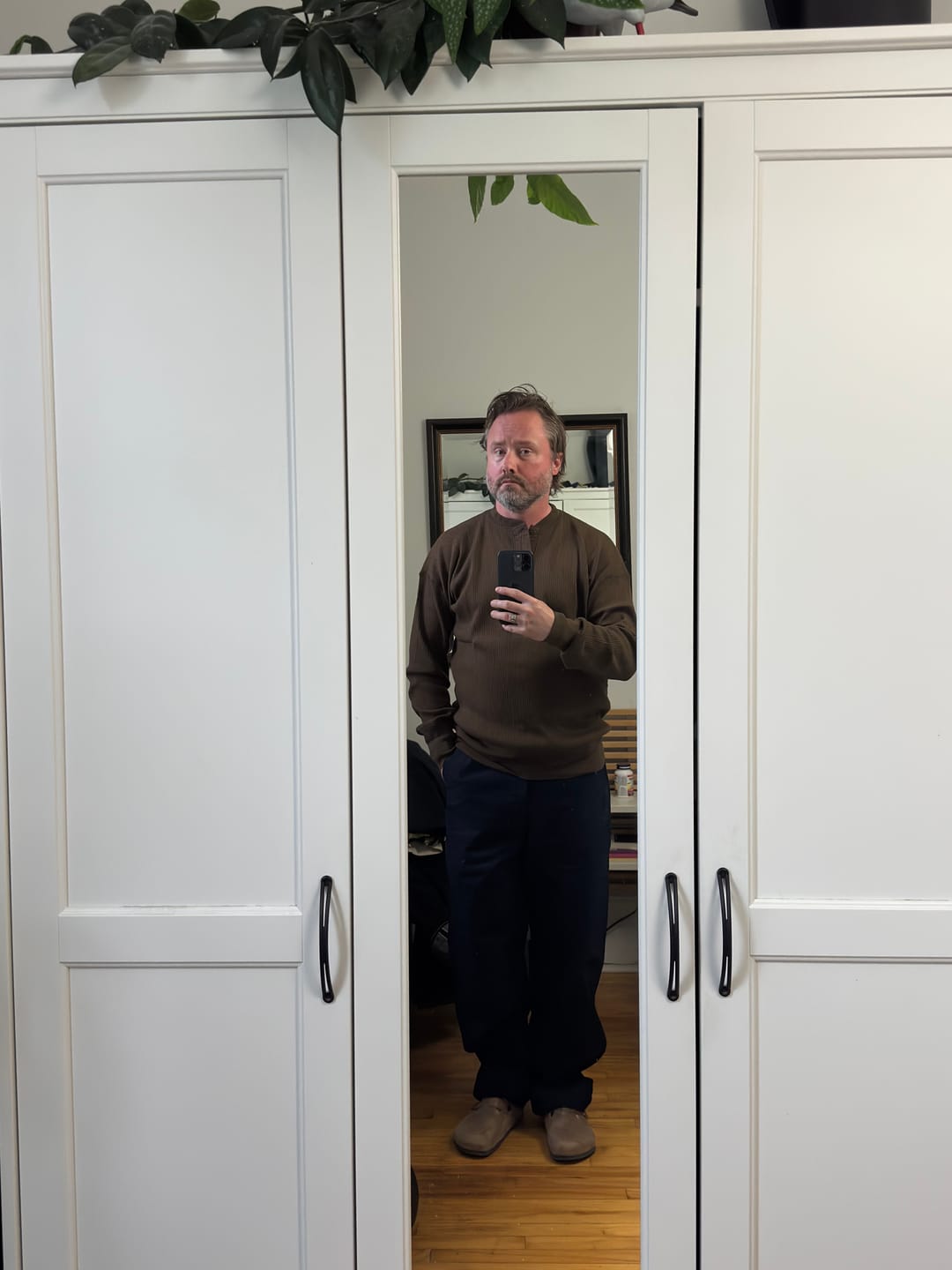 Customer photo review of Ribbed Long Sleeve Henley T-Shirt - Olive Brown