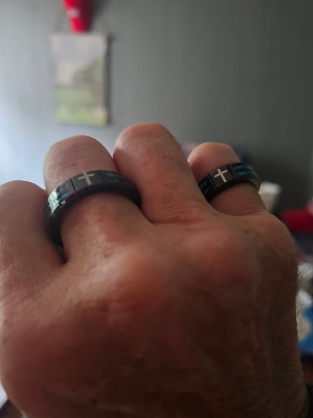 Customer photo review of FREE Today: Modern Titanium Steel Cross Ring with Laser Blue Inlay: Serenity in Christ's Blue Light