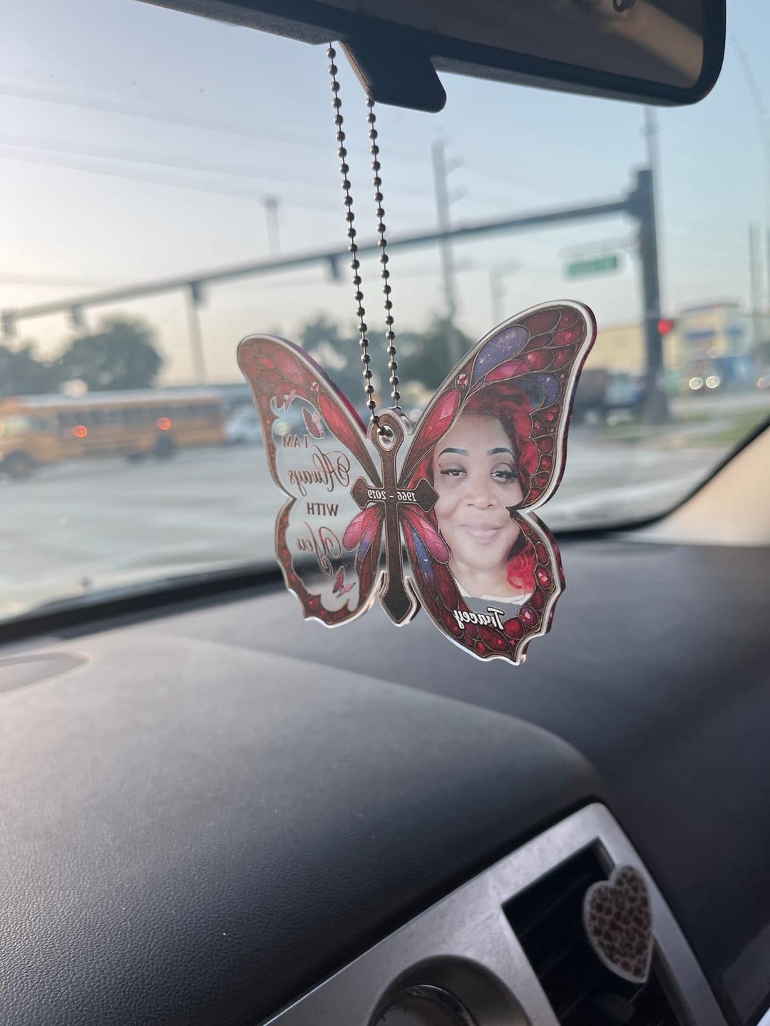 Customer photo review of Personalized Memorial Butterfly Car Hanger with Photo – Always With You