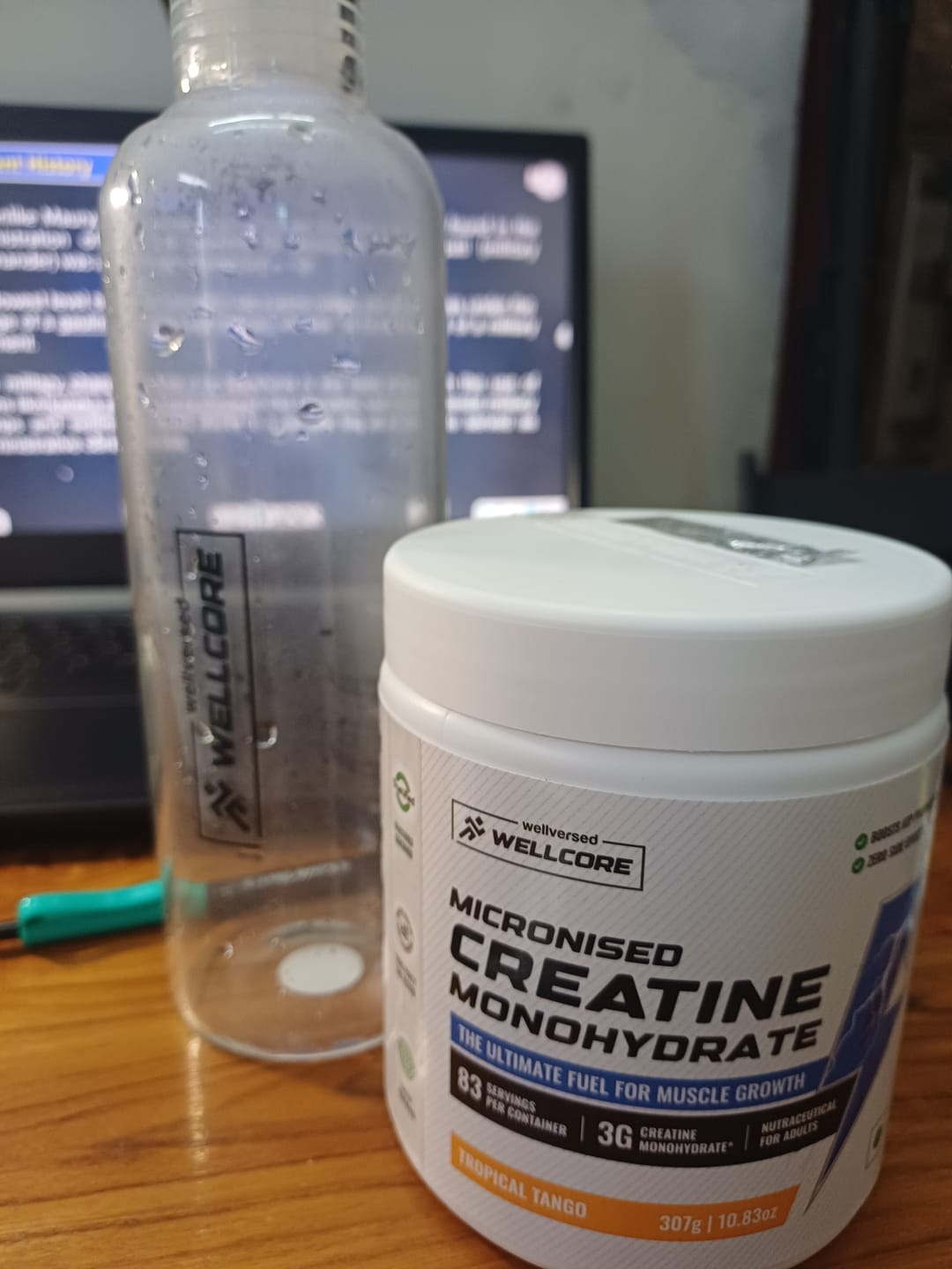 Customer photo review of Wellcore - Micronised Creatine Monohydrate (83 Servings, Tropical Tango) + Premium Glass Bottle