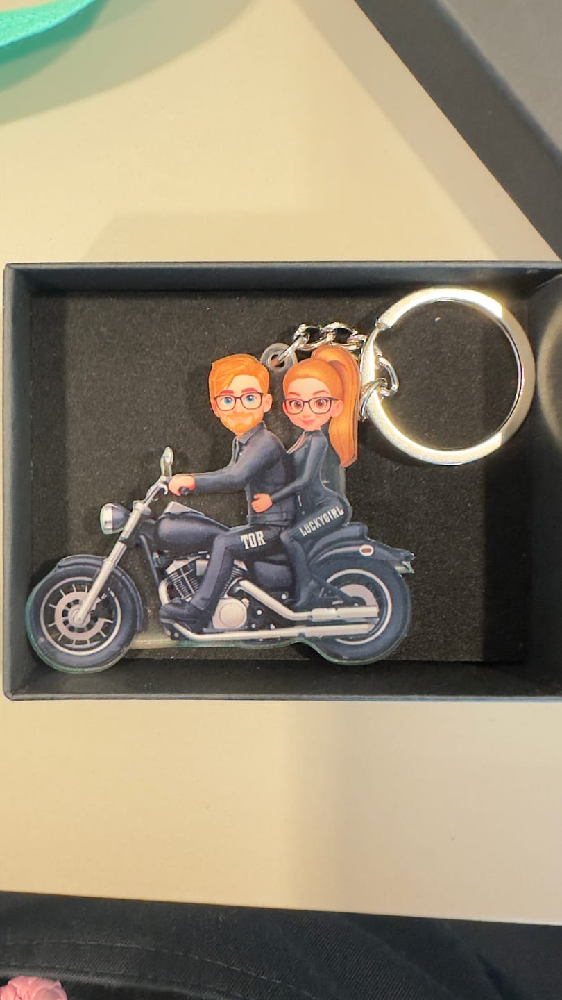 Customer photo review of Couples That Ride Together Last Forever, Custom Action Figure Biker Couple - Personalized Acrylic Keychain