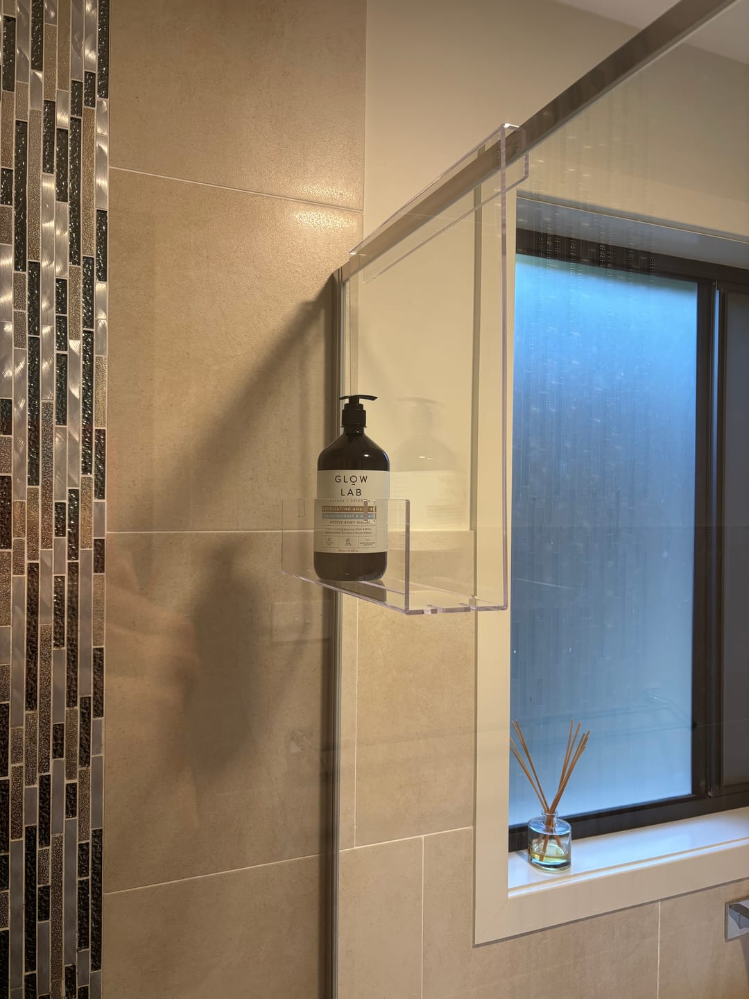 Customer photo review of Clear Acrylic Shower Shelf