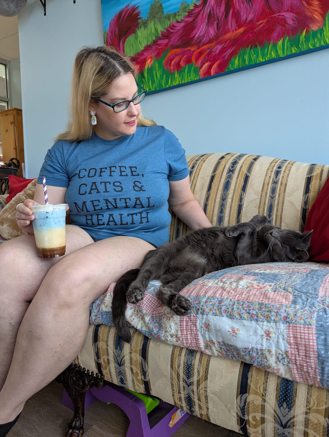 Customer photo review of Coffee, Cats & Mental Health T-Shirt