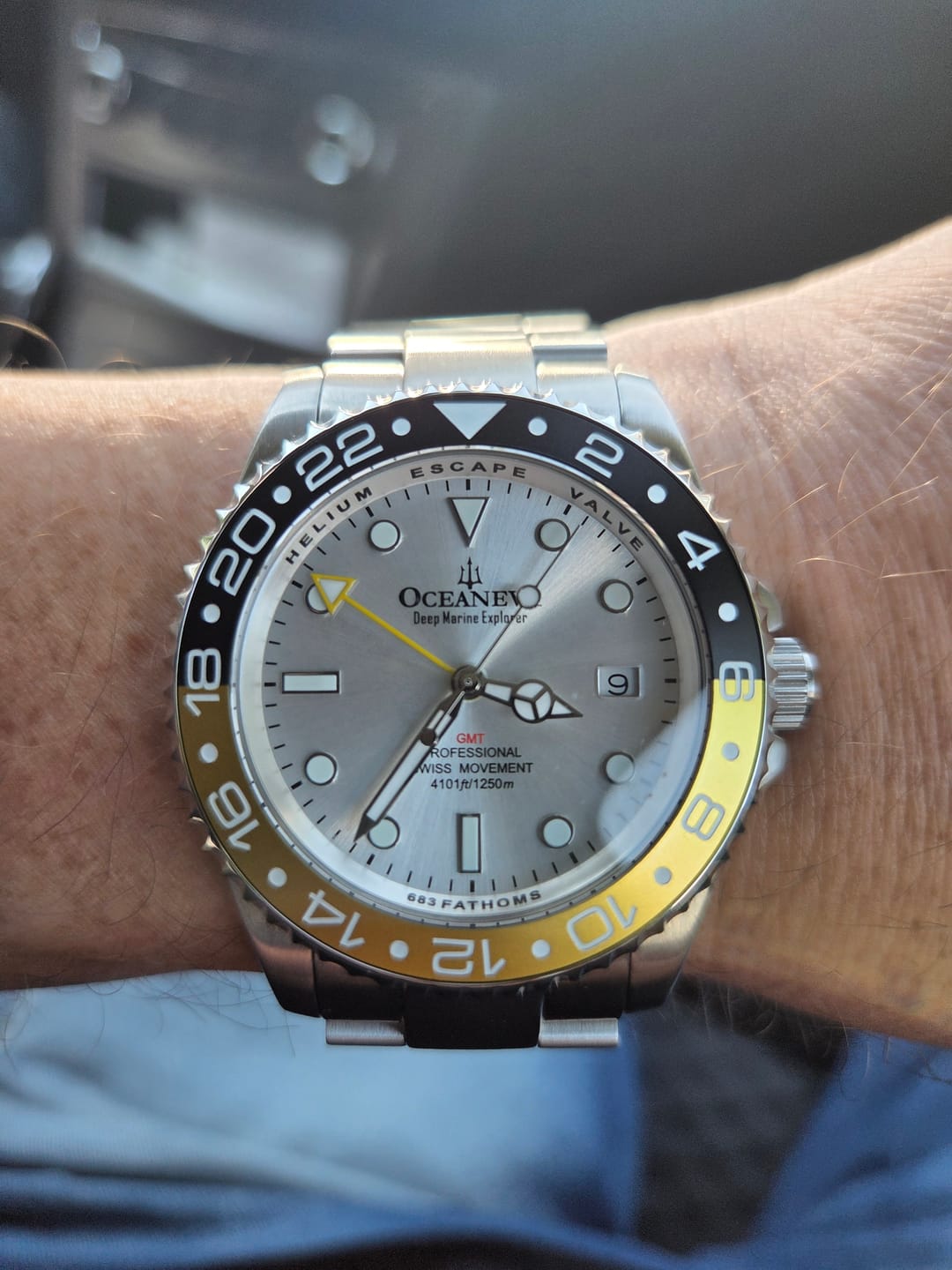 Customer photo review of Oceaneva Men's GMT Deep Marine Explorer 1250M Pro Diver Silver Dial Watch Yellow and Black