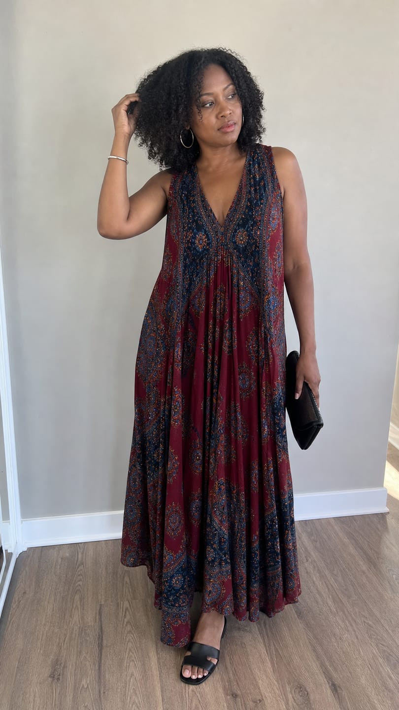 Customer photo review of Loose Sleeveless Contrast Color Pleated Printed V-Neck Maxi Dresses