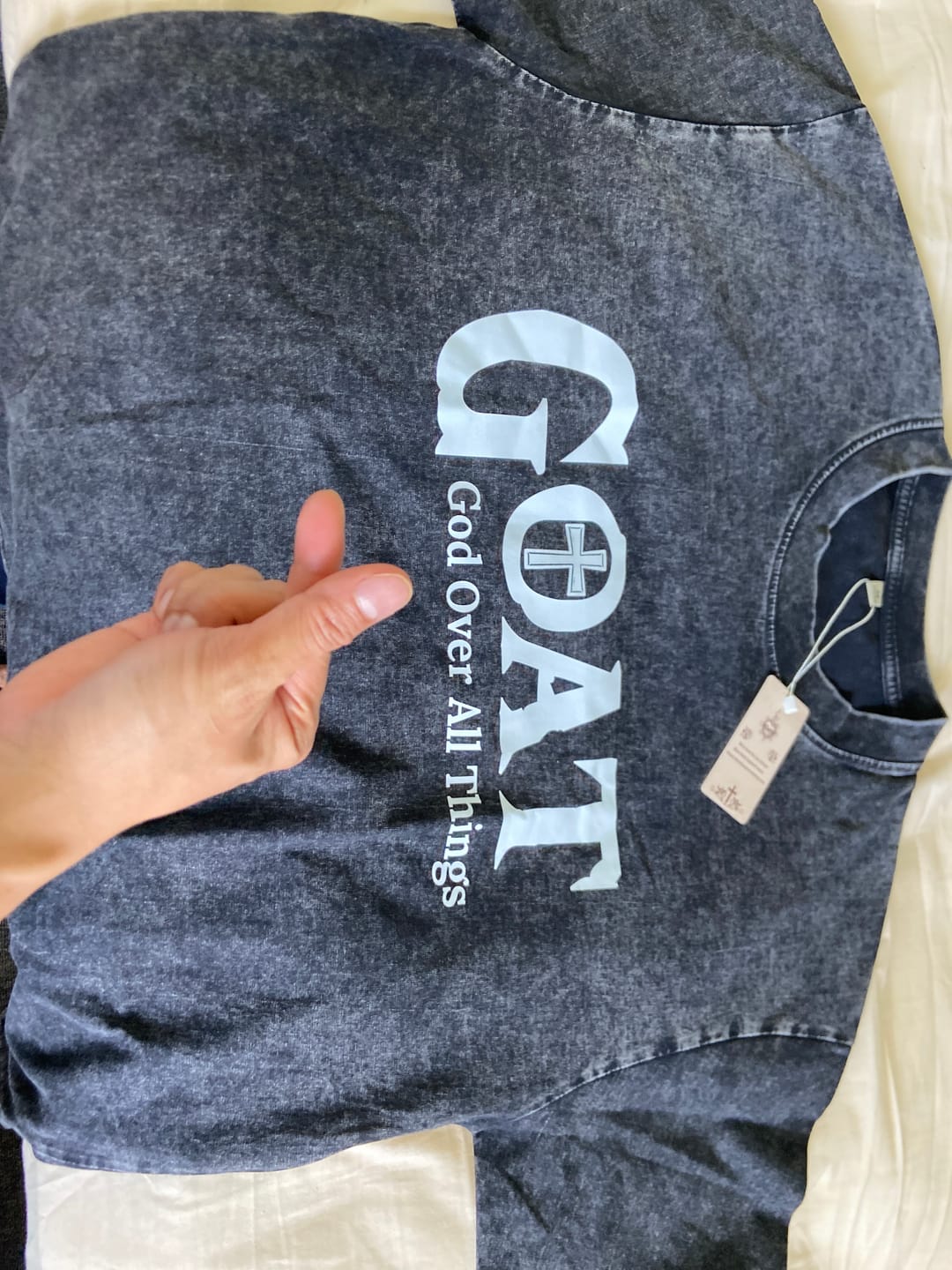 Customer photo review of Christianartworkshop GOAT God Over All Things Unisex Washed T-Shirt