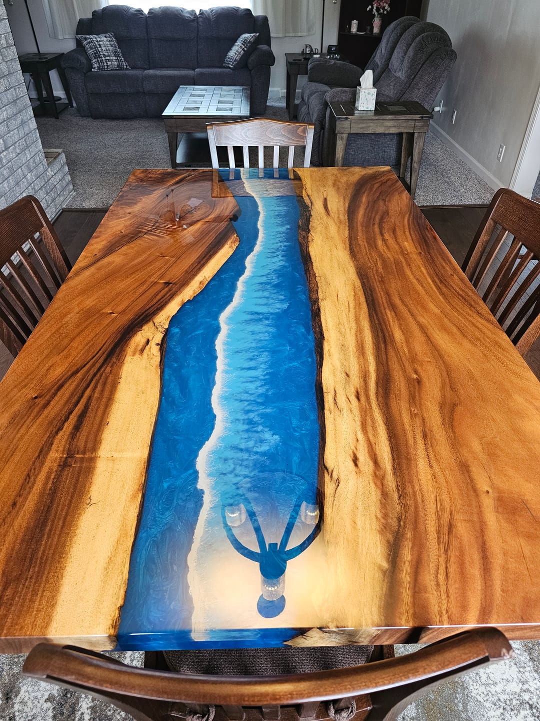 Customer photo review of Live Edge Epoxy River Walnut Wood Table with Waves | Minnesota Lakeside Home CRT-220