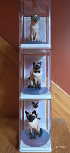 Customer's three Custom Chibi Figure Keychains stacked vertically, each enclosed in a clear display case.