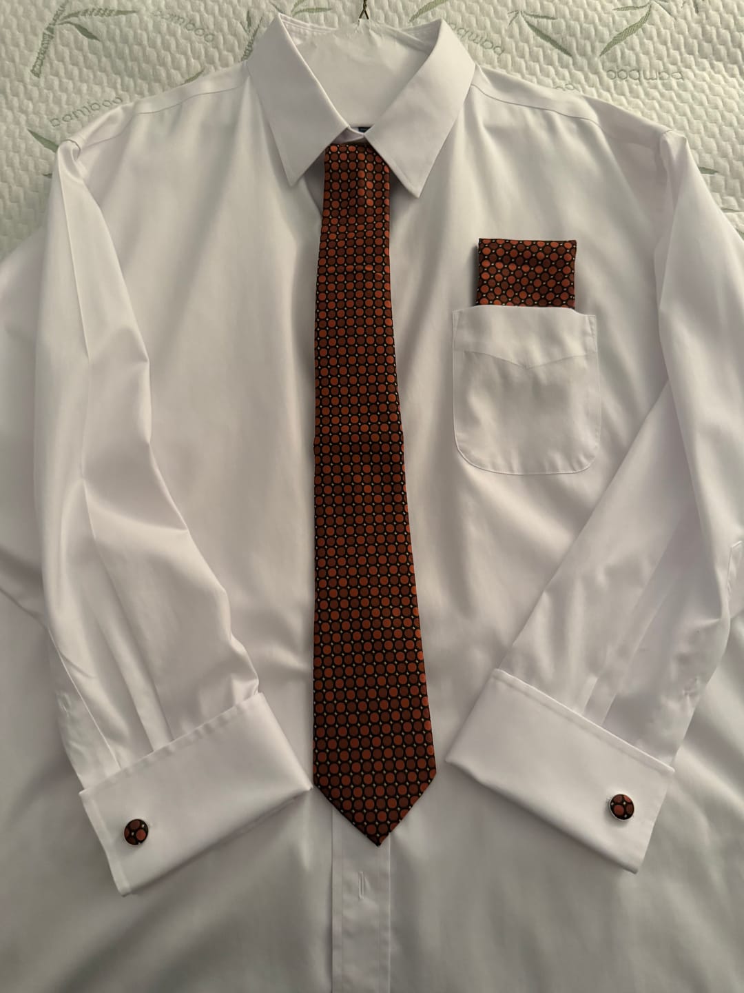 Customer photo review of Barry. Wang Brown Tie Blue Polka Dot Men's Silk Tie Hanky Cufflinks Set