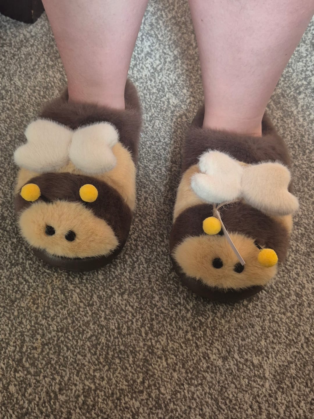 Customer photo review of Fluffy Plush Novelty Bumble Bee Slippers - Sizes UK 3-8