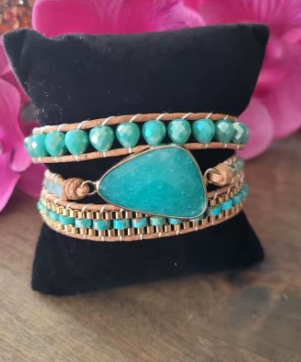 Customer photo review of Natural Amazonite & Jasper Leather Wrap Bracelet