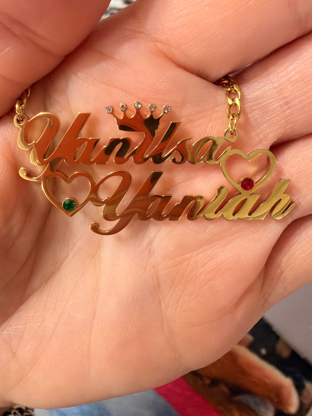 Customer photo review of Double Heart Name Necklace w/ Cuban Chain