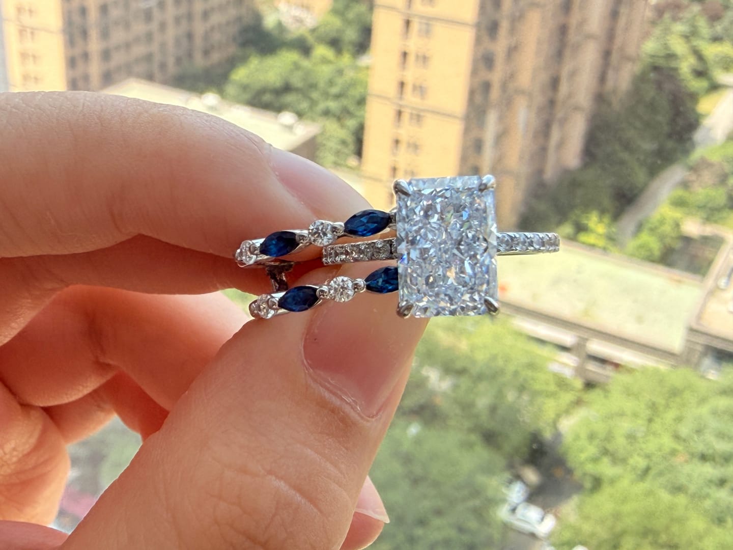 Customer photo review of 3.5Ct Radiant Cut Insert Wedding Ring Set With Blue & White Stone Engagement Ring Enhancer