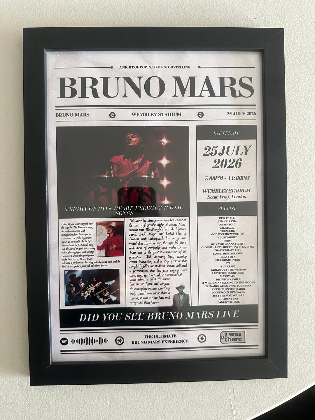 Customer photo review of Bruno Mars - Personalised Newspaper Style Concert Poster