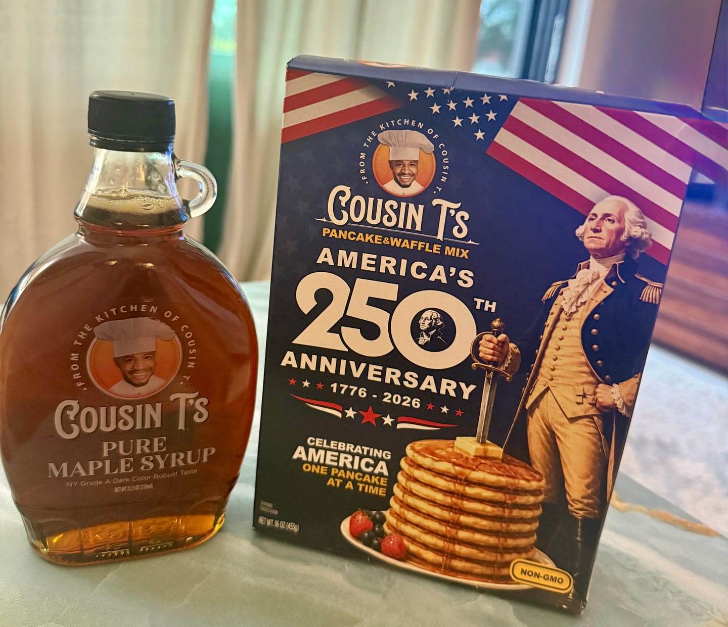 Customer photo review of Cousin T's 250th Anniversary Pancake & Syrup Bundle