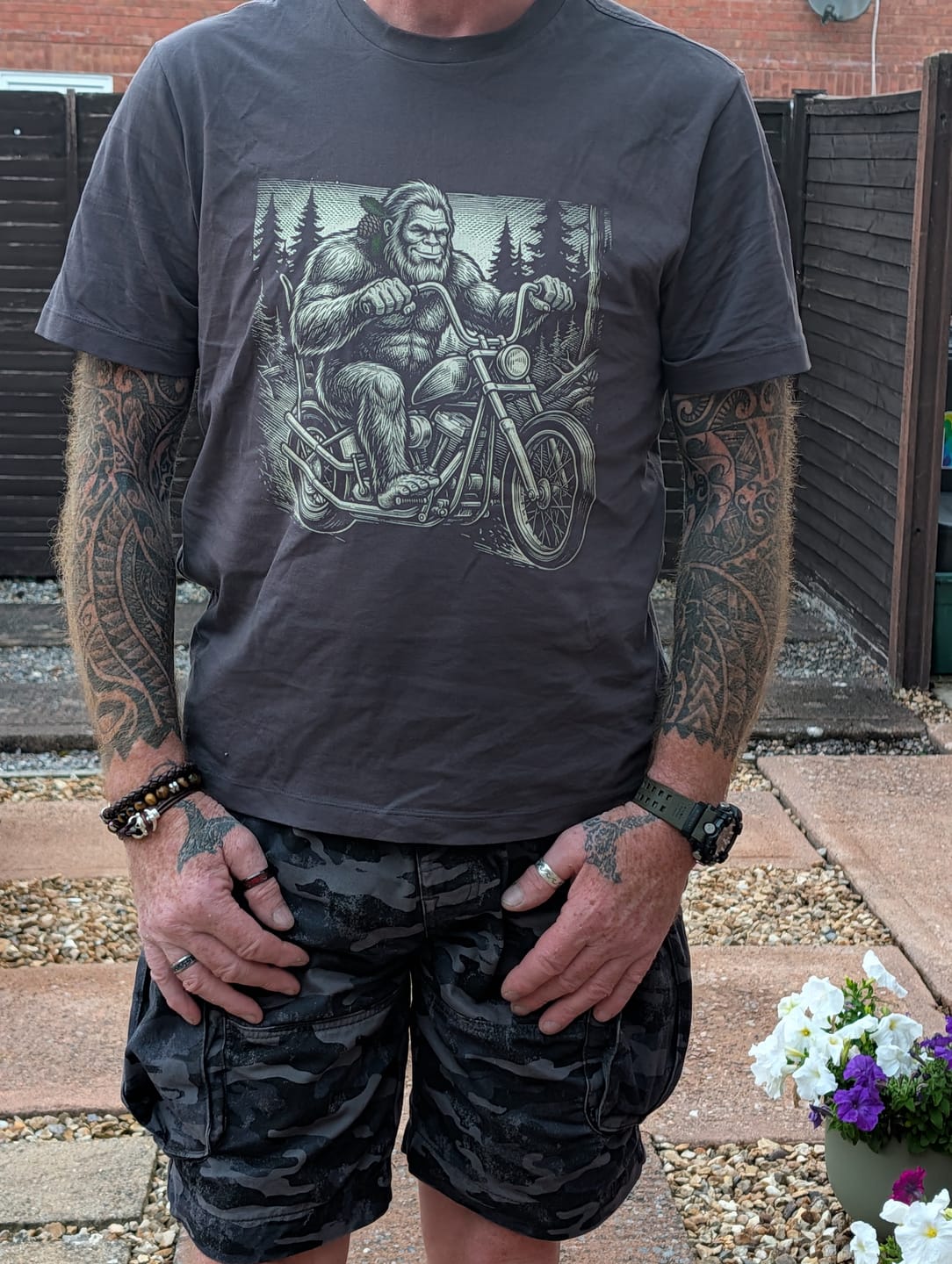 Customer photo review of Sasquatch Cruiser Motorcycle T-Shirt