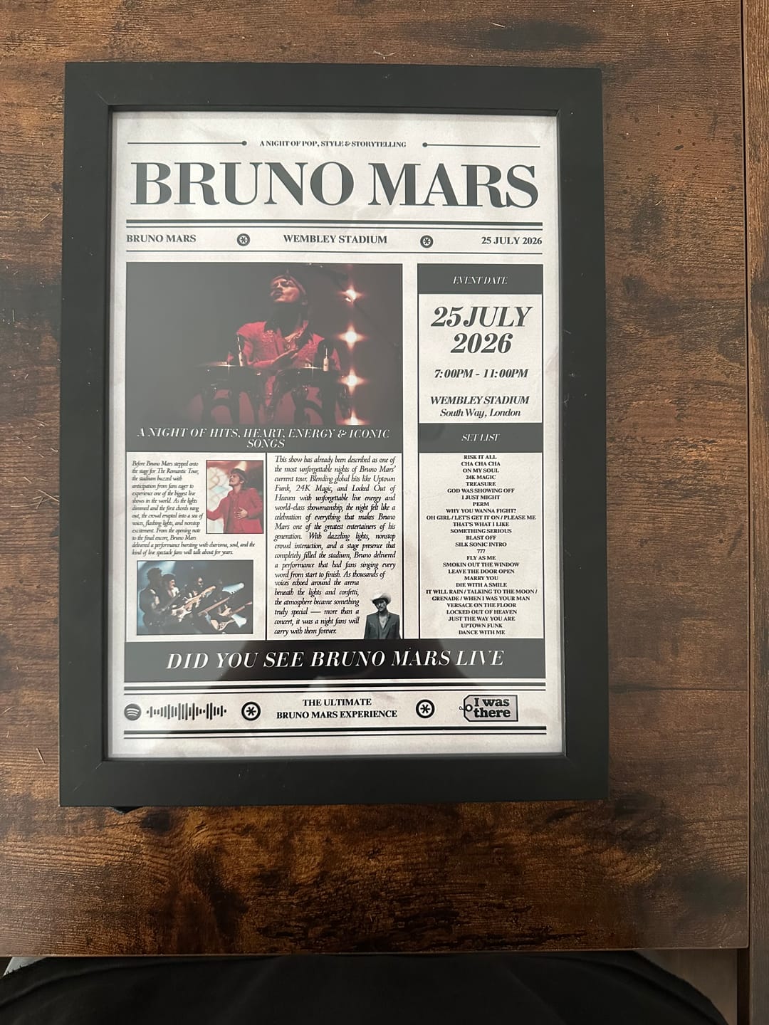 Customer photo review of Bruno Mars - Personalised Newspaper Style Concert Poster