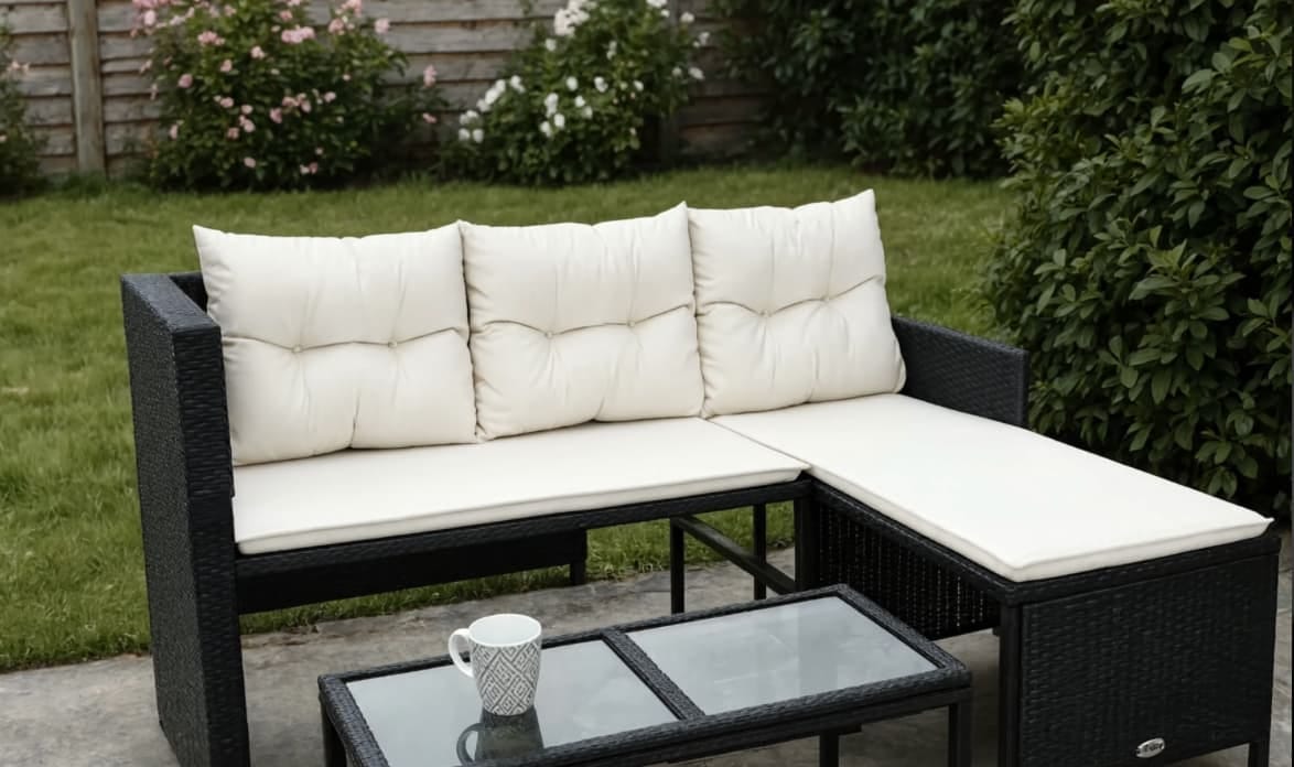 Customer photo review of Black PE Rattan L-Shaped Garden Sofa Set with Table & Cushions | GardenCorner