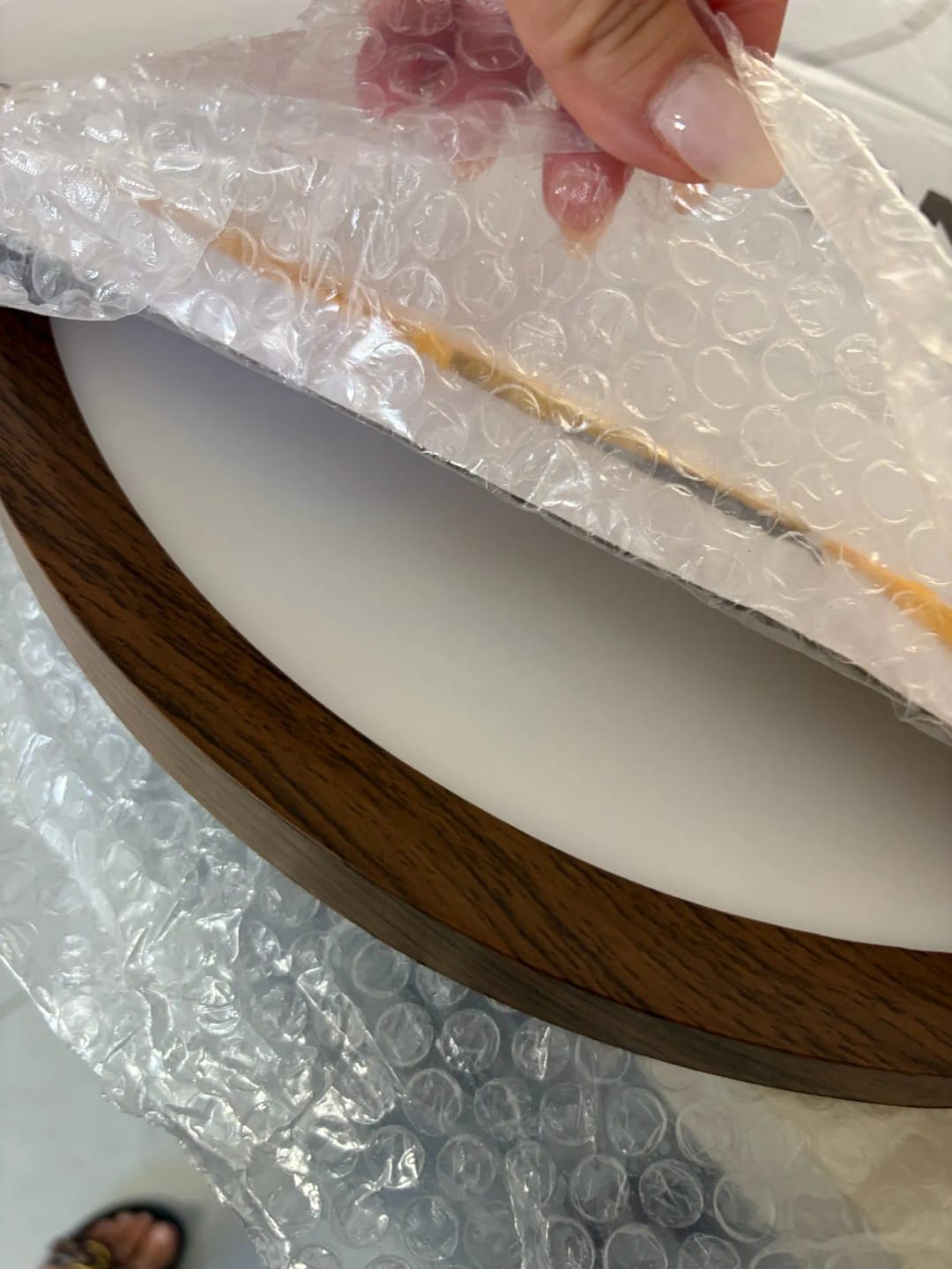 Customer photo review of Ceiling Light, Natural Rubberwood, Slim Flush Mount, Integrated LED