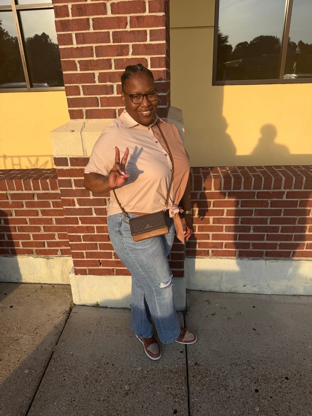 Customer photo review of Split Decision Button Up Top (Cream/Tan)