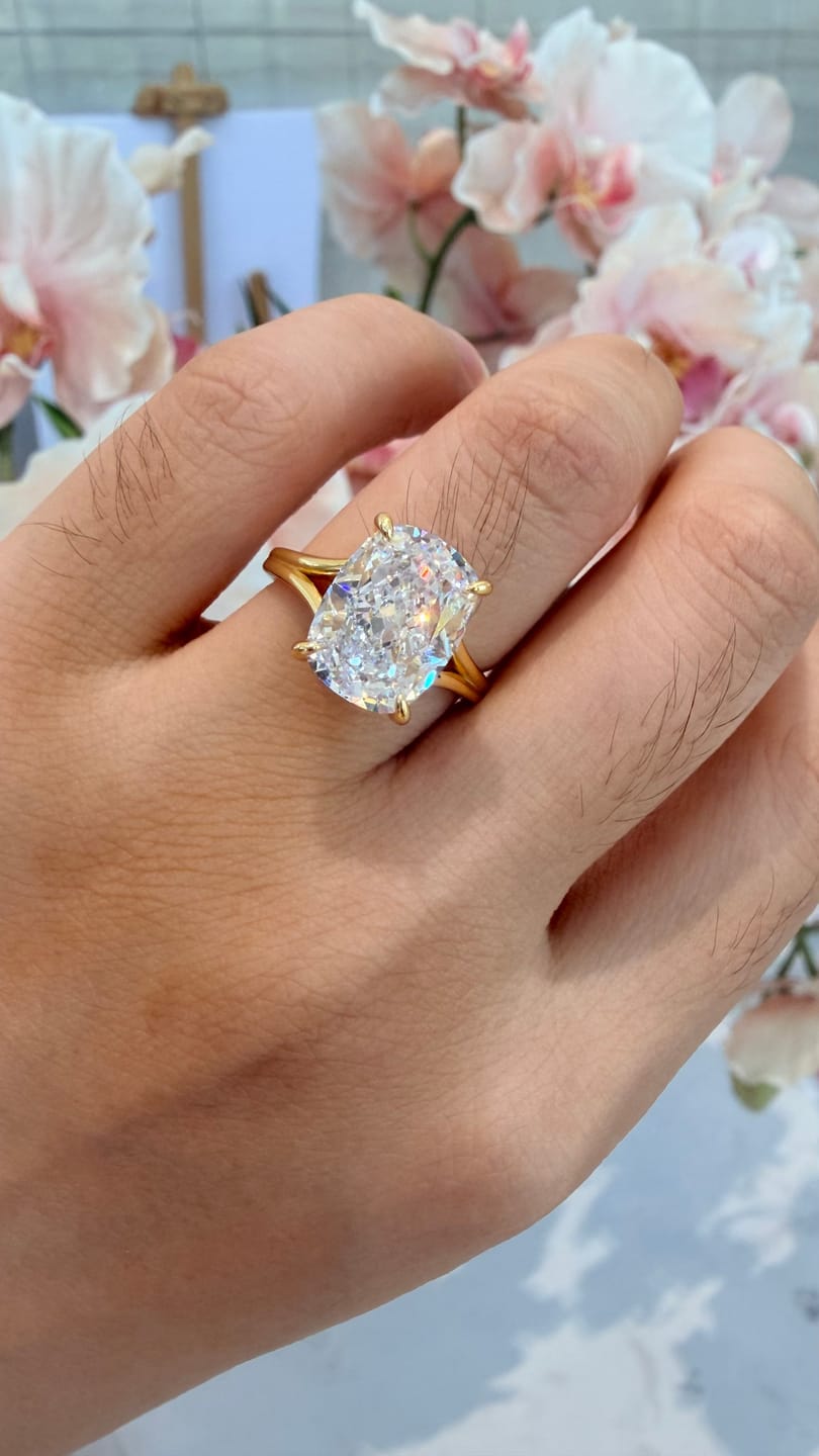 Customer photo review of S925 5.5Ct Cushion Cut Split Shank Engagement Ring Gold Plated Hidden Halo Bridal Ring For Everyday Wear