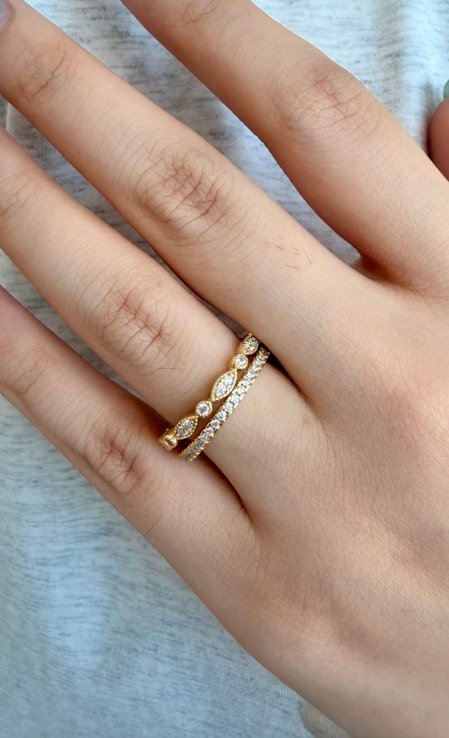 Customer photo review of Louily Yellow Gold Full Eternity Art Deco Stackable Wedding Band Set